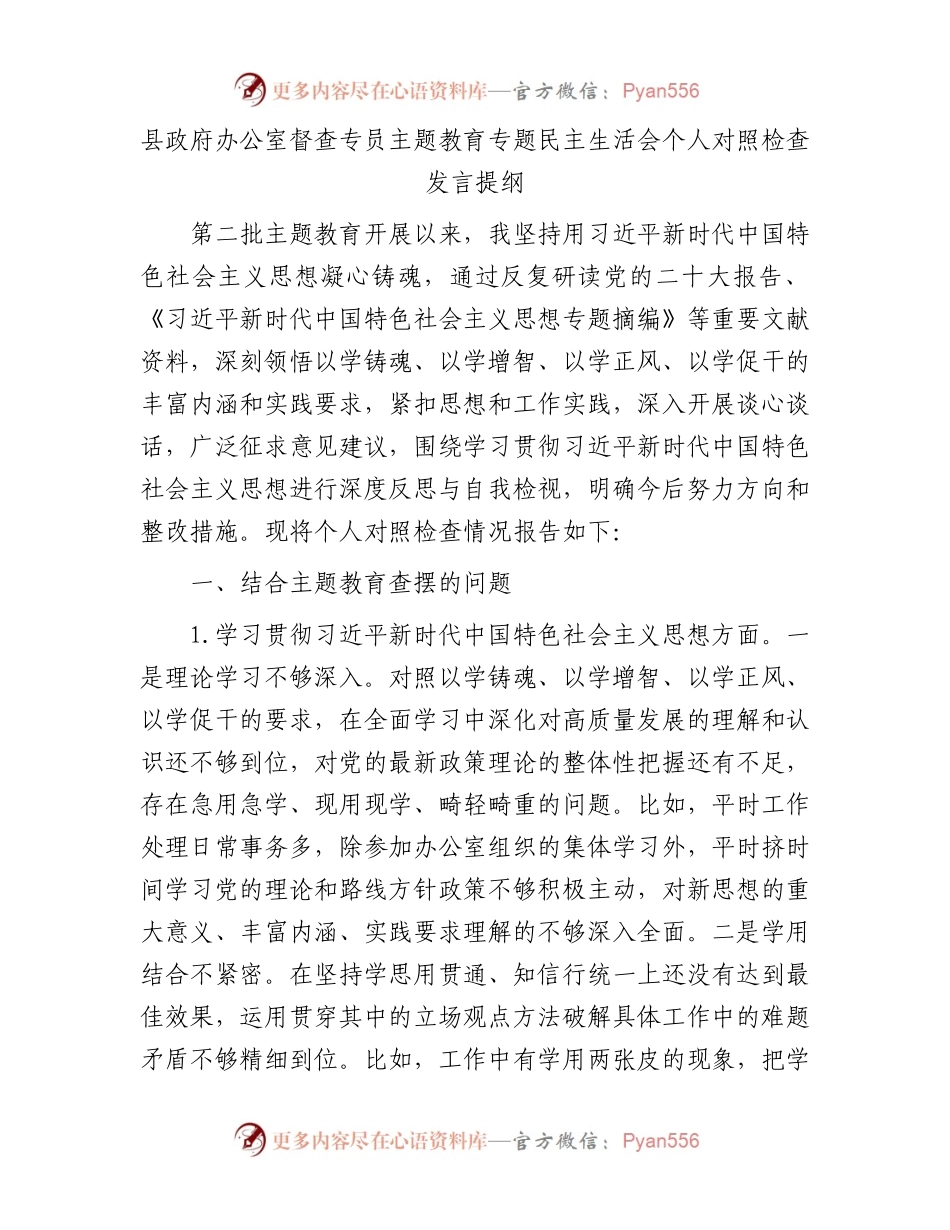县政府办公室督查专员主题教育专题民主生活会个人对照检查发言提纲.docx_第1页