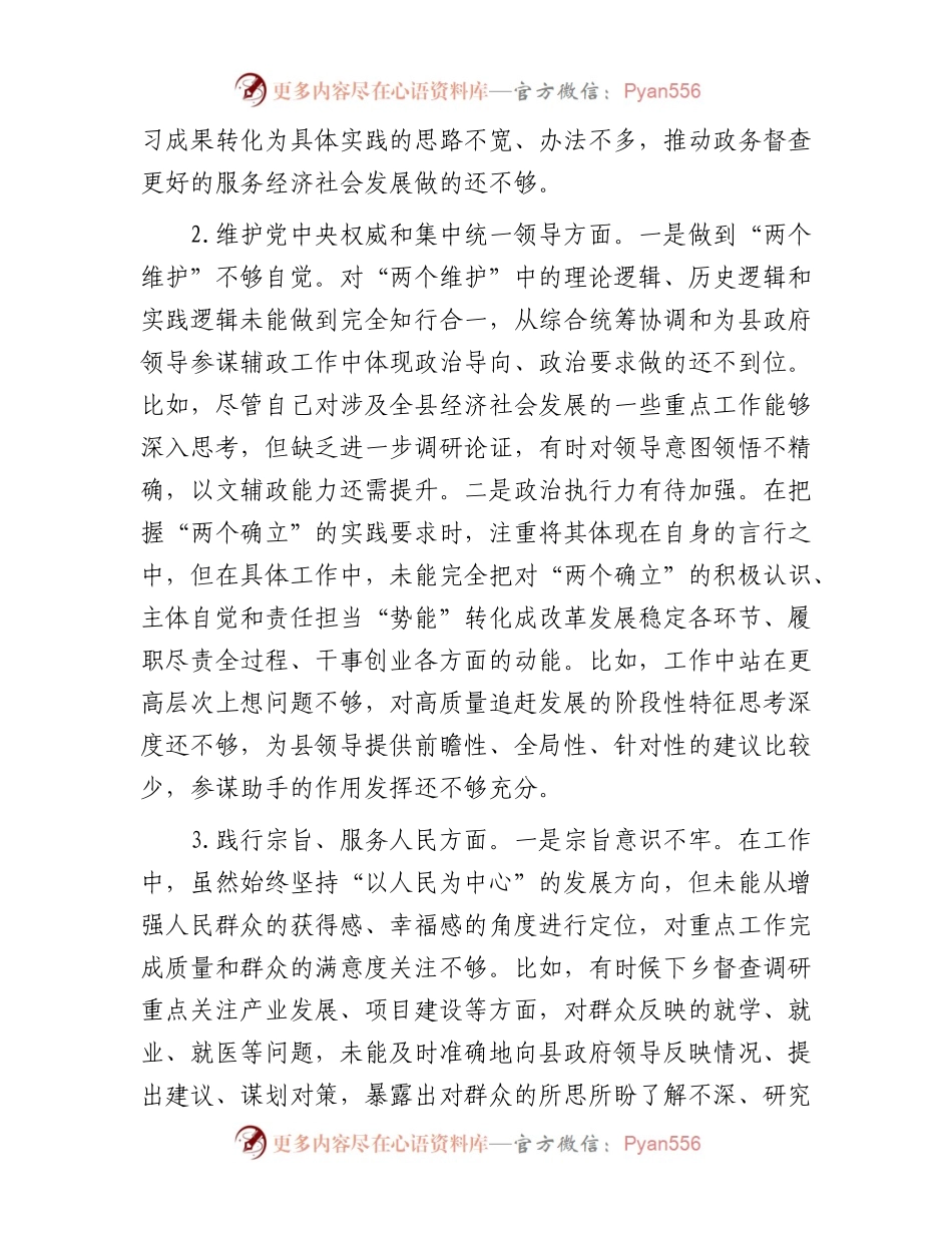 县政府办公室督查专员主题教育专题民主生活会个人对照检查发言提纲.docx_第2页
