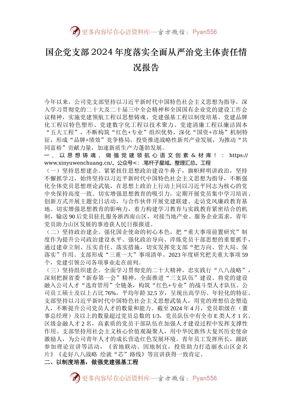 国企党支部2024年度落实全面从严治党主体责任情况报告.docx_第1页