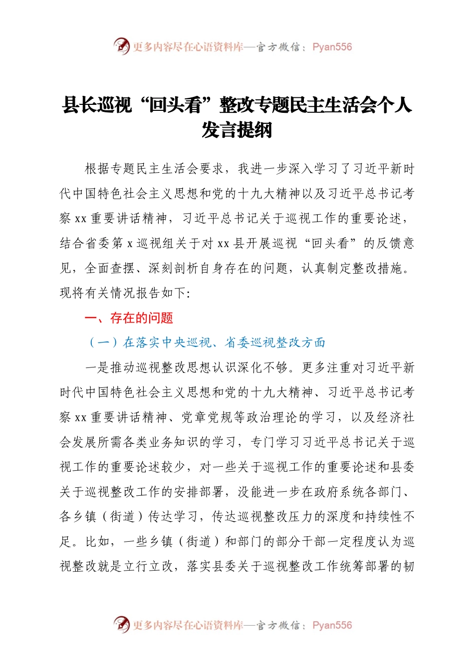 县长巡视“回头看”整改专题民主生活会个人发言提纲.docx_第1页