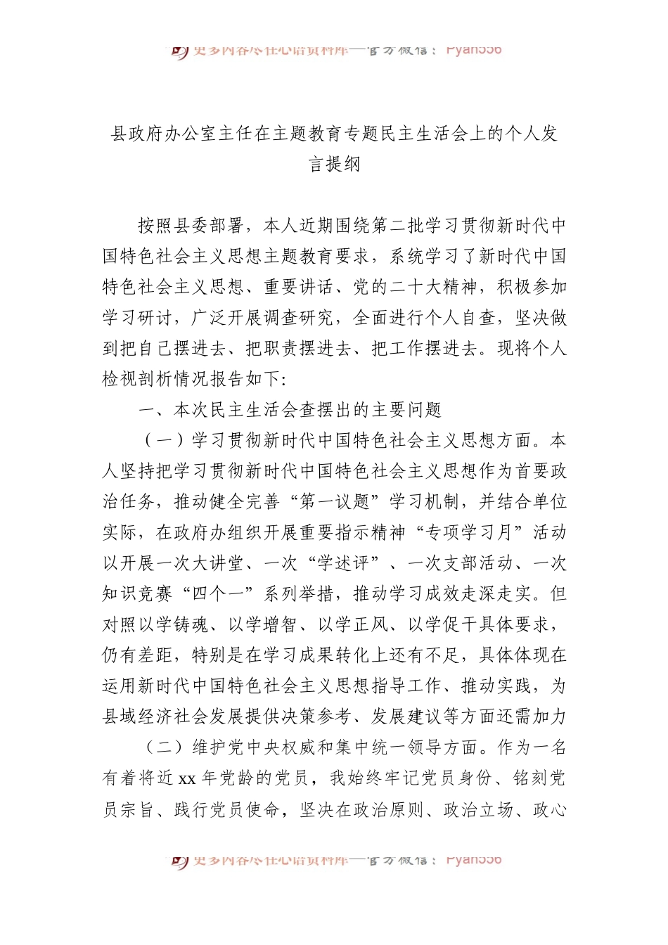 县政府办公室主任在主题教育专题民主生活会上的个人发言提纲.docx_第1页