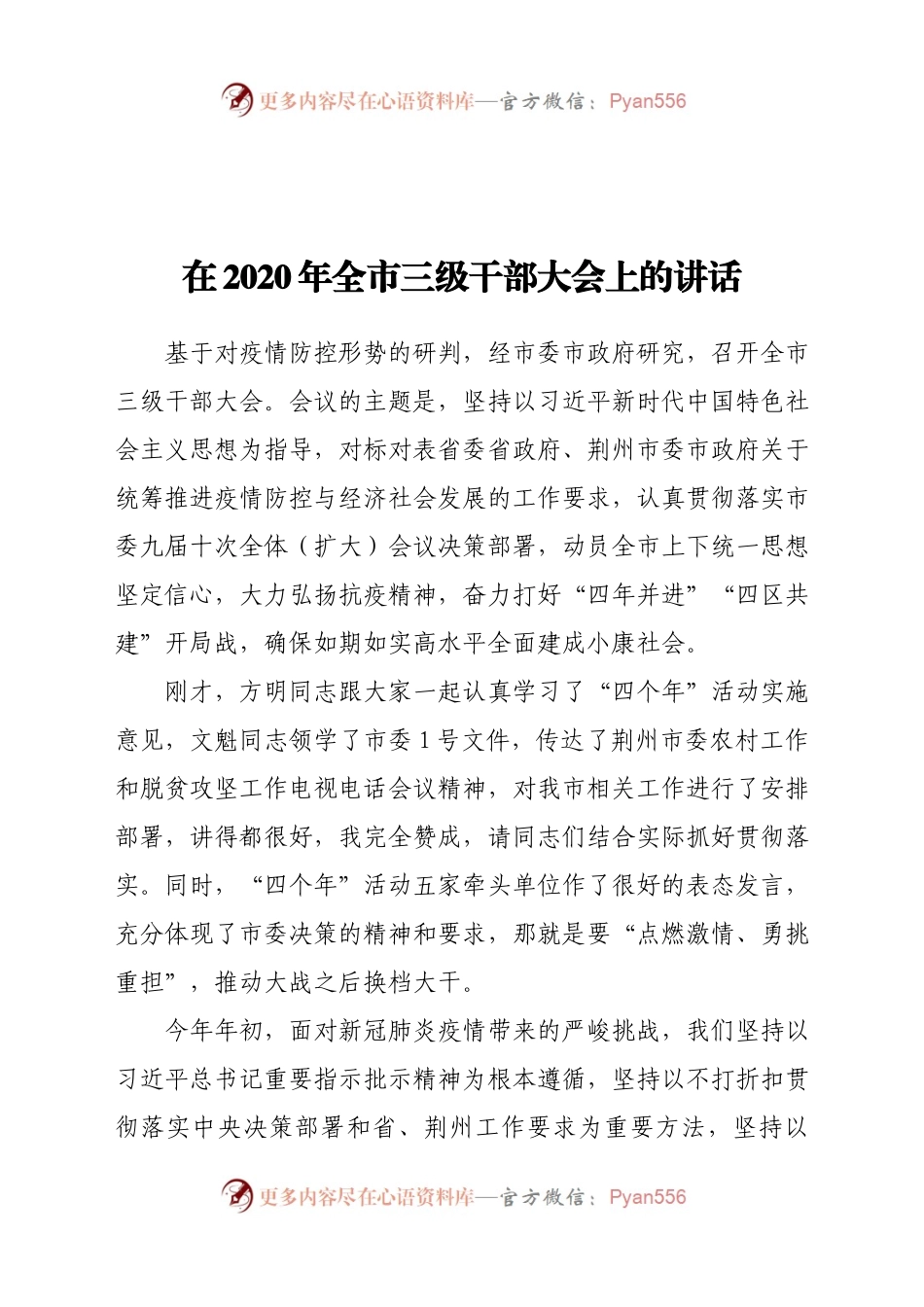 在2020年全市三级干部大会上的讲话.docx_第1页