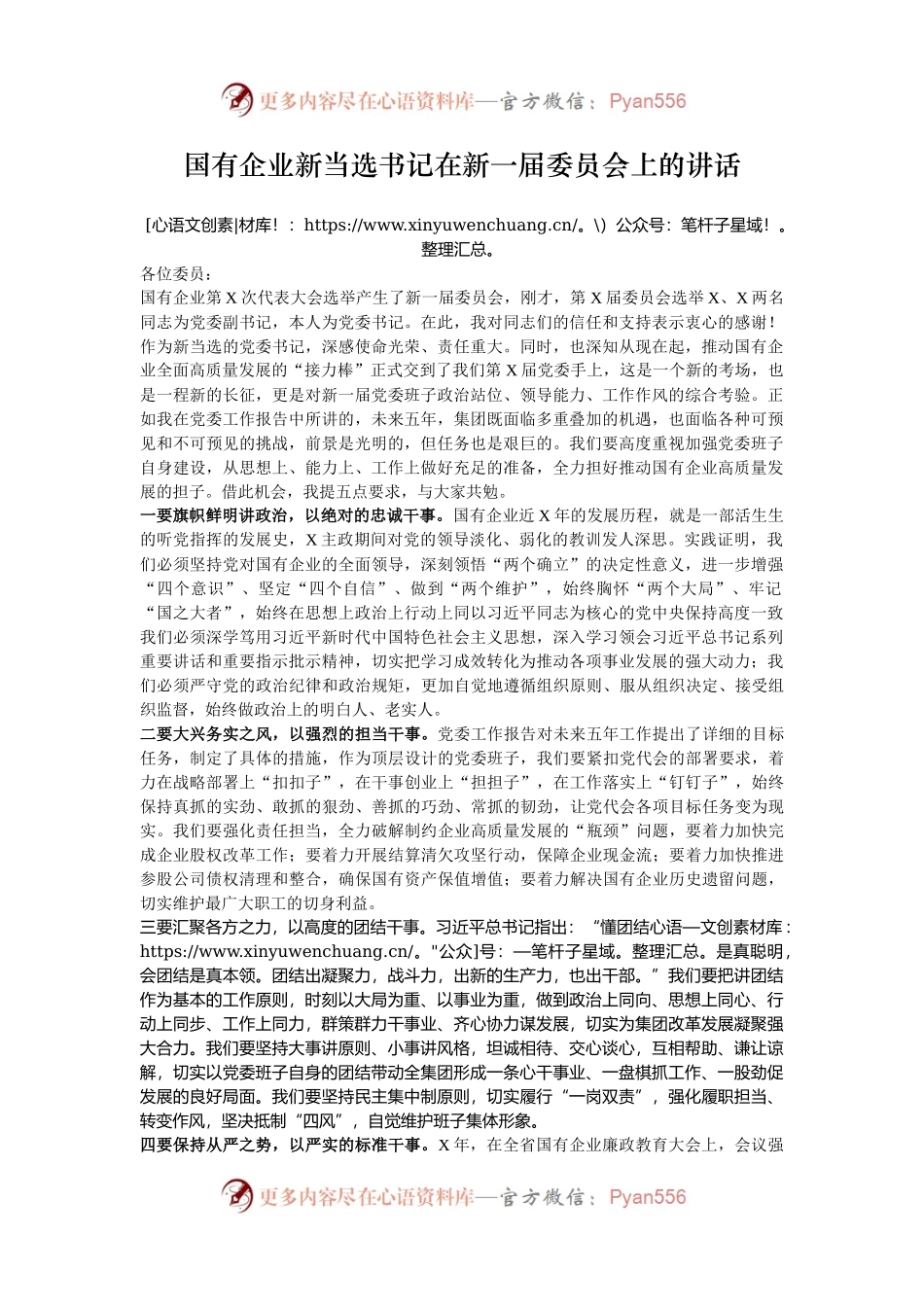 国有企业新当选书记在新一届委员会上的讲话.docx_第1页