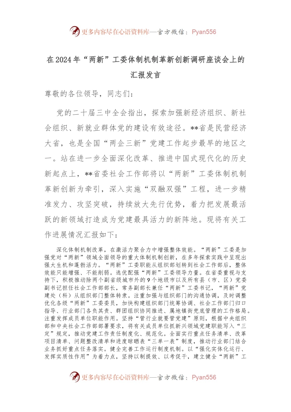 在2024年“两新”工委体制机制革新创新调研座谈会上的汇报发言.docx_第1页