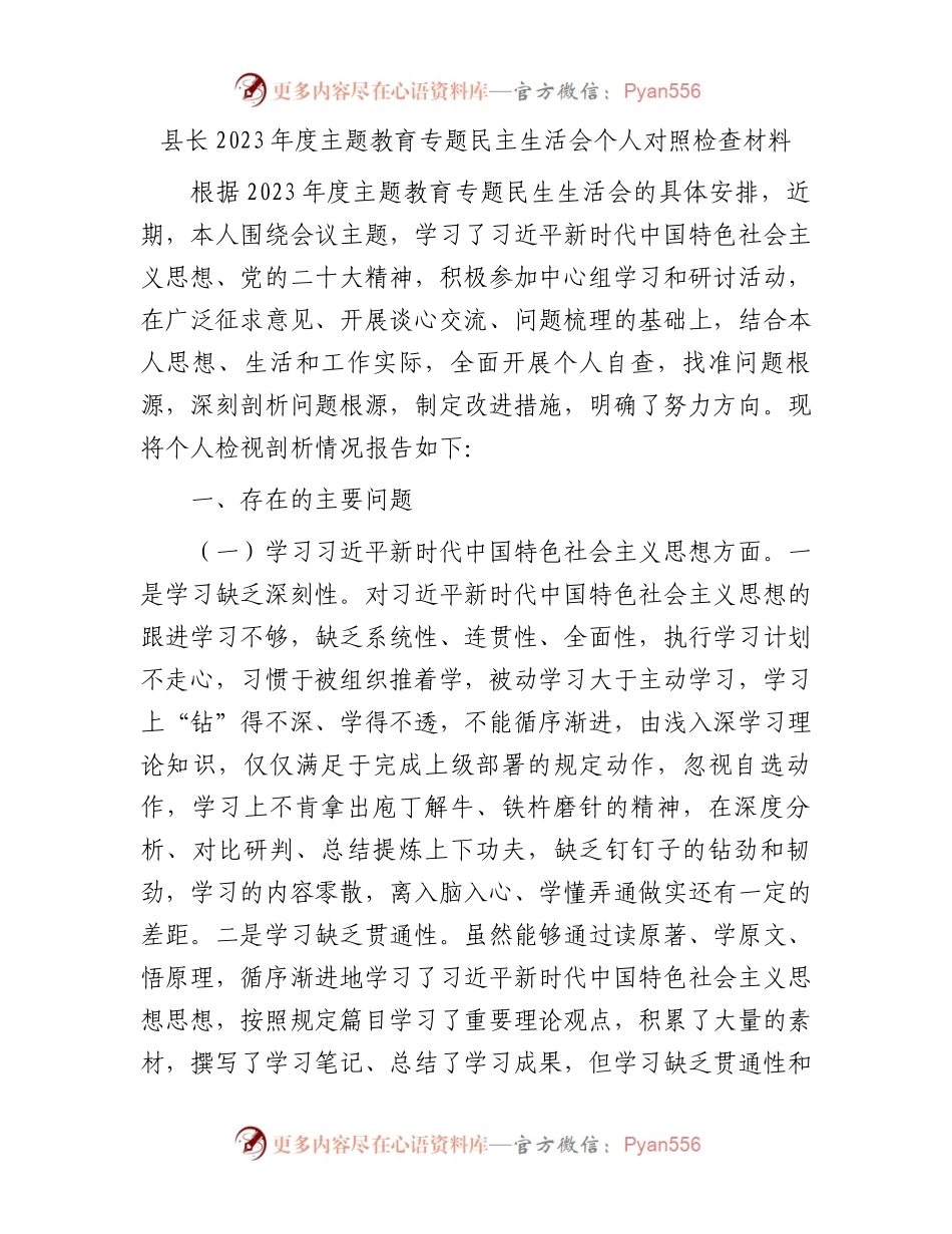 县长2023年度主题教育专题民主生活会个人对照检查材料.docx_第1页