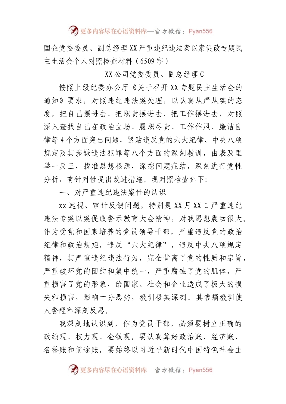 国企党委委员、副总经理XX严重违纪违法案以案促改专题民主生活会个人对照检查材料.docx_第1页