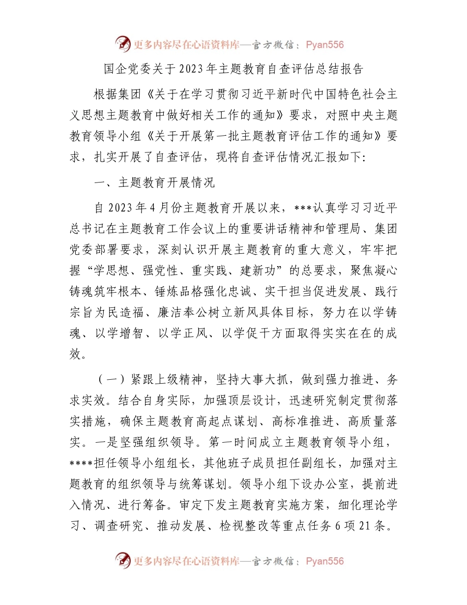 国企党委关于2023年主题教育自查评估总结报告.docx_第1页