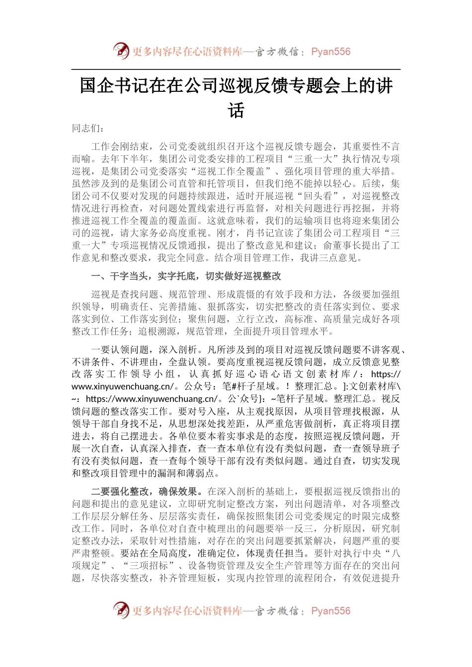 国企书记在在公司巡视反馈专题会上的讲话.docx_第1页