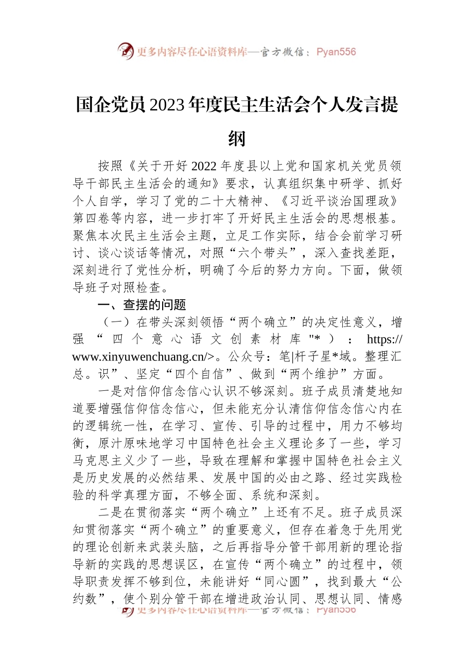 国企党员2023年度民主生活会个人发言提纲.docx_第1页