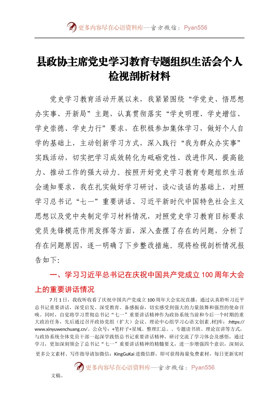 县政协主席党史学习教育专题组织生活会个人检视剖析材料.docx_第1页