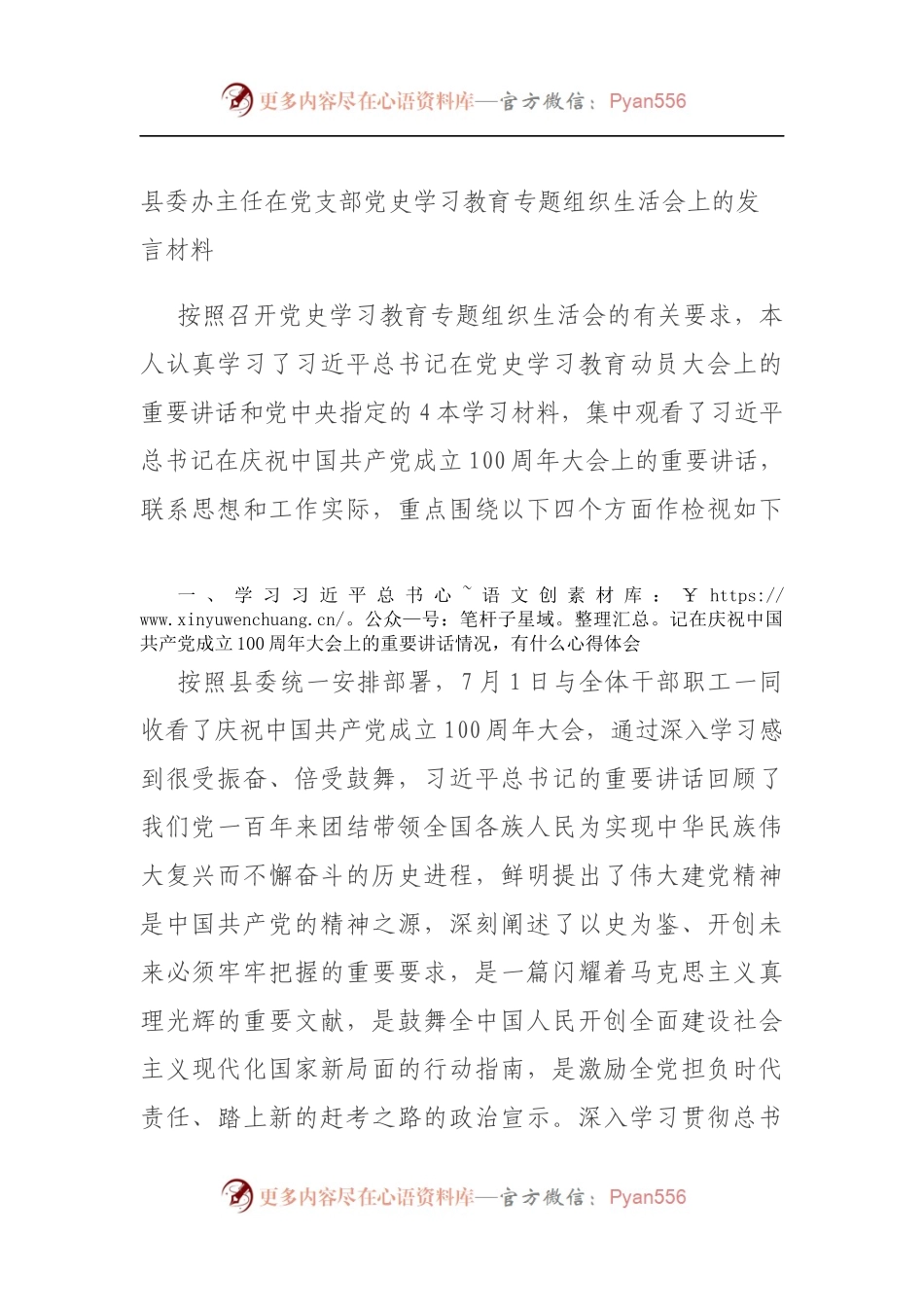 县委办主任在党支部党史学习教育专题组织生活会上的发言材料（5）.docx_第1页