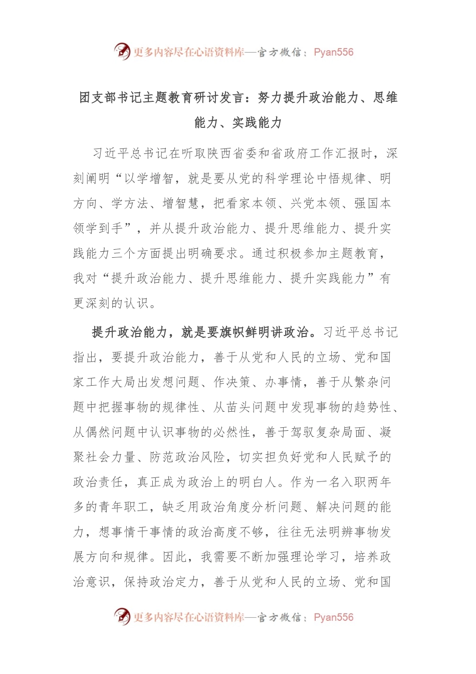 团支部书记主题教育研讨发言：努力提升政治能力、思维能力、实践能力.docx_第1页