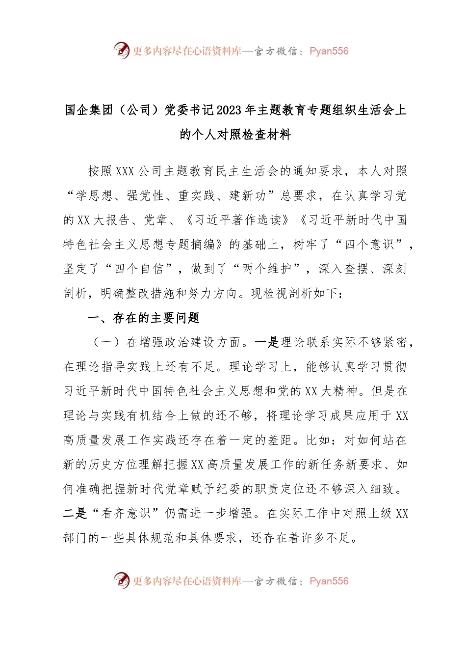 国企集团（公司）党委书记2023年主题教育专题组织生活会上的个人对照检查材料.docx_第1页