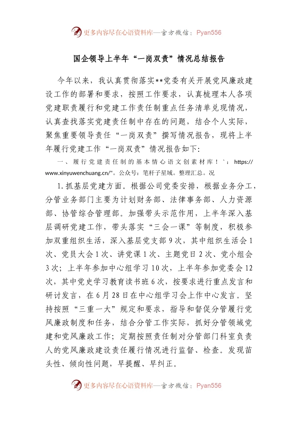 国企领导上半年“一岗双责”情况总结报告.docx_第1页