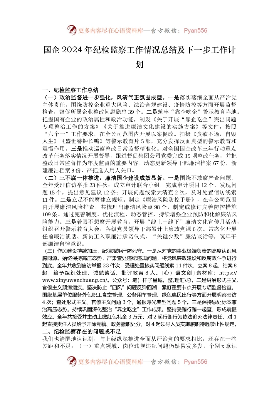 国企2024年纪检监察工作情况总结及下一步工作计划.docx_第1页