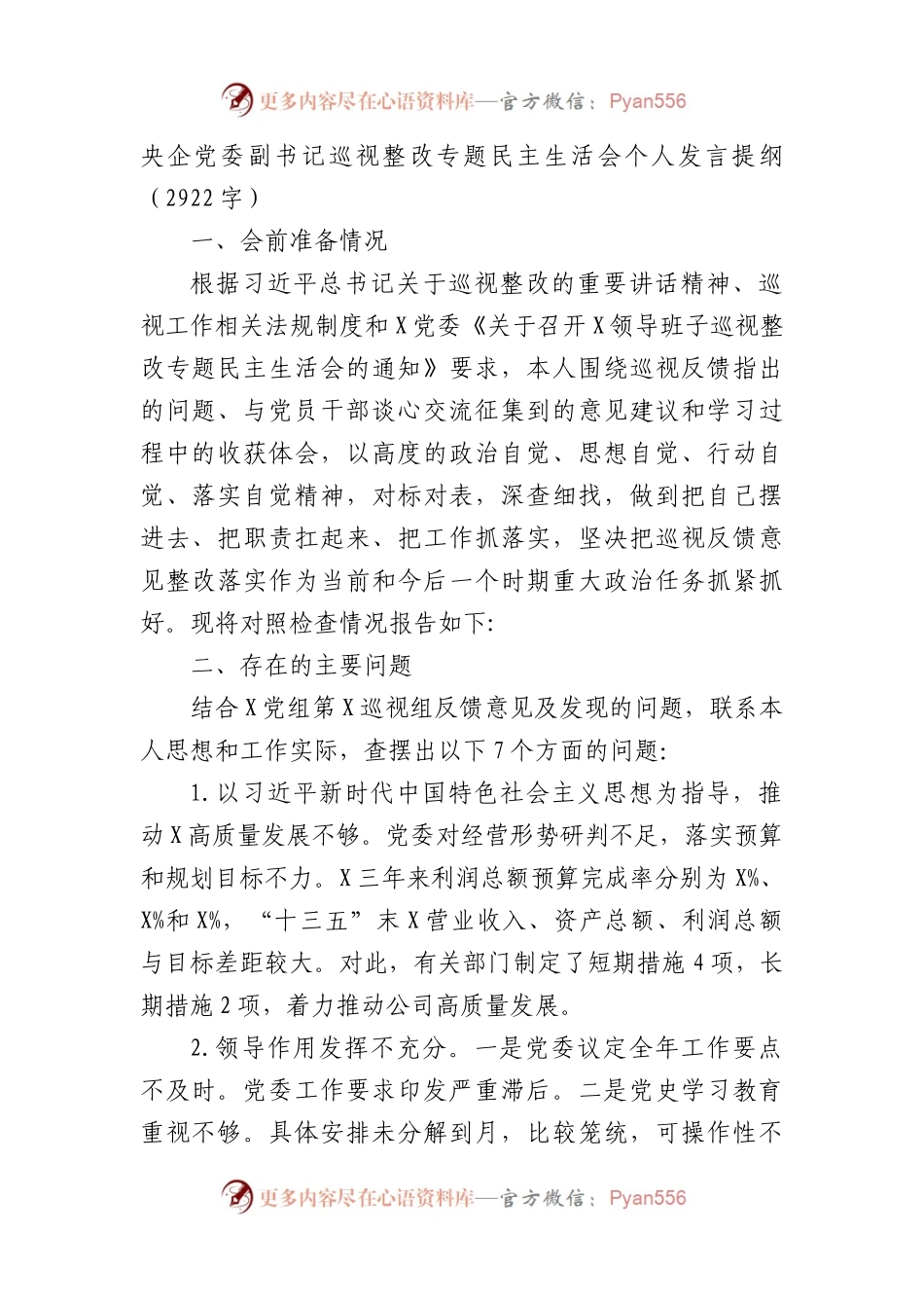 国企党委副书记巡视整改专题民主生活会个人发言提纲.docx_第1页