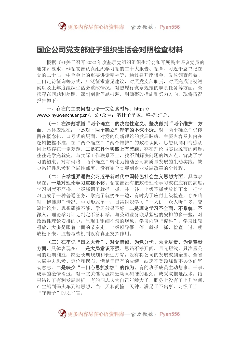 国企公司党支部班子组织生活会对照检查材料.docx_第1页