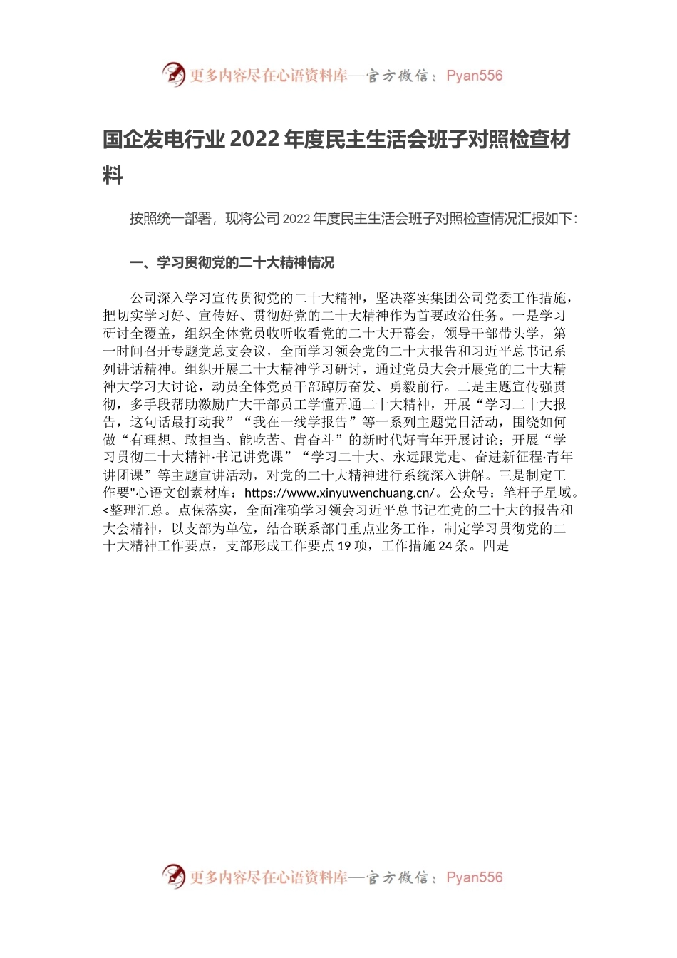 国企发电行业2022年度民主生活会班子对照检查材料.docx_第1页