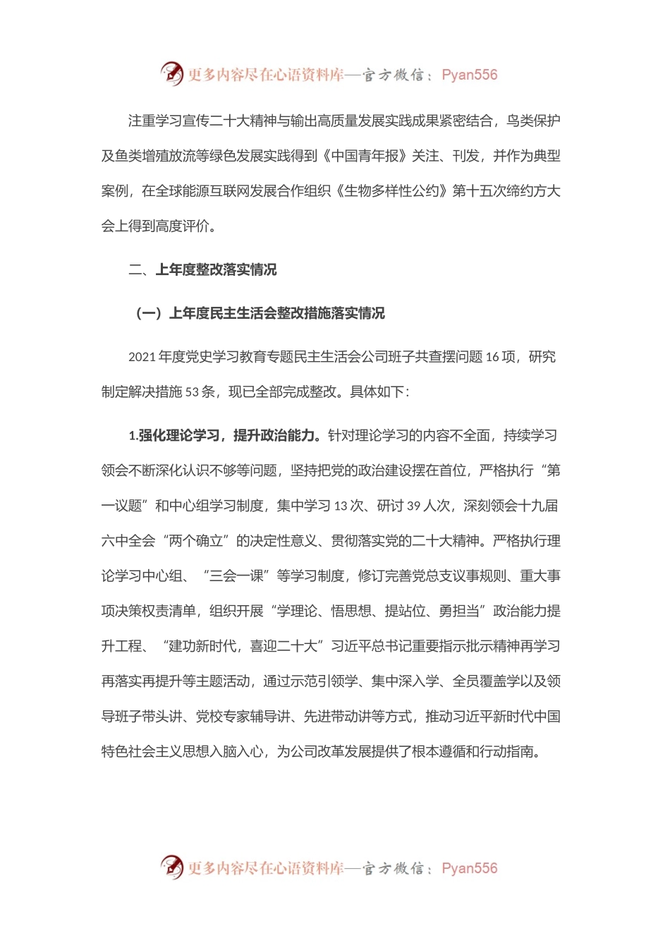 国企发电行业2022年度民主生活会班子对照检查材料.docx_第2页