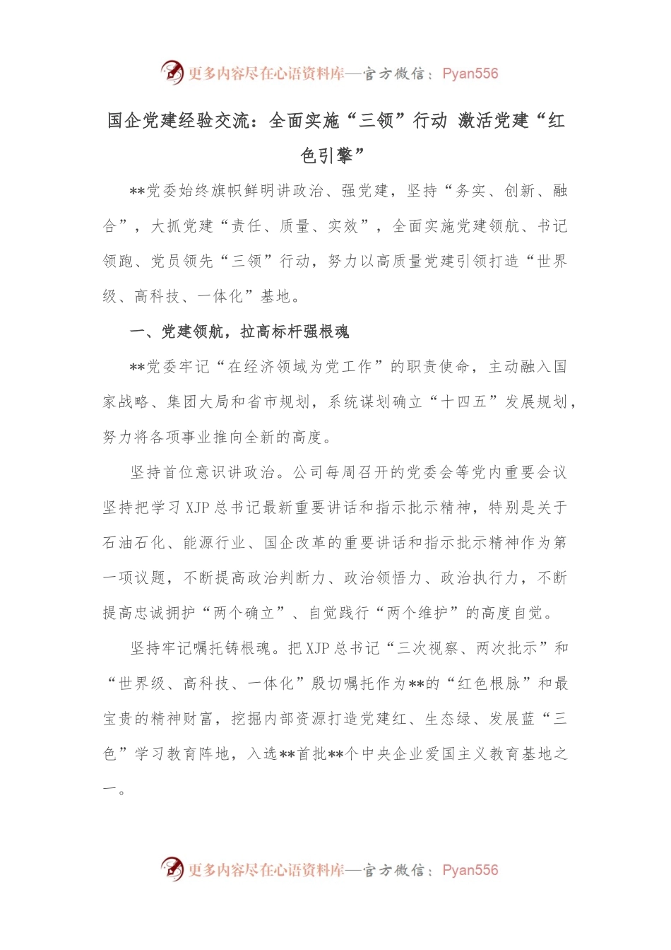 国企党建经验交流：全面实施“三领”行动 激活党建“红色引擎”.docx_第1页