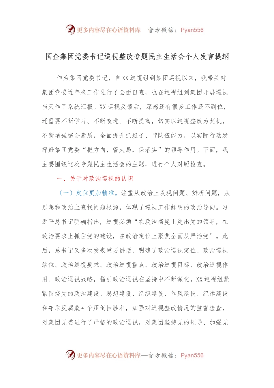 国企集团党委书记巡视整改专题民主生活会个人发言提纲.docx_第1页
