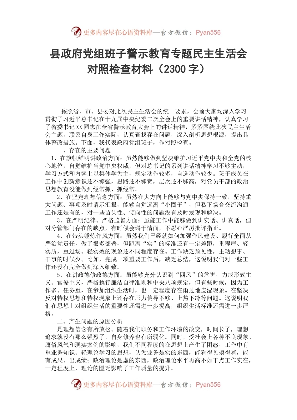 县政府党组班子警示教育专题民主生活会对照检查材料（2300字）.docx_第1页