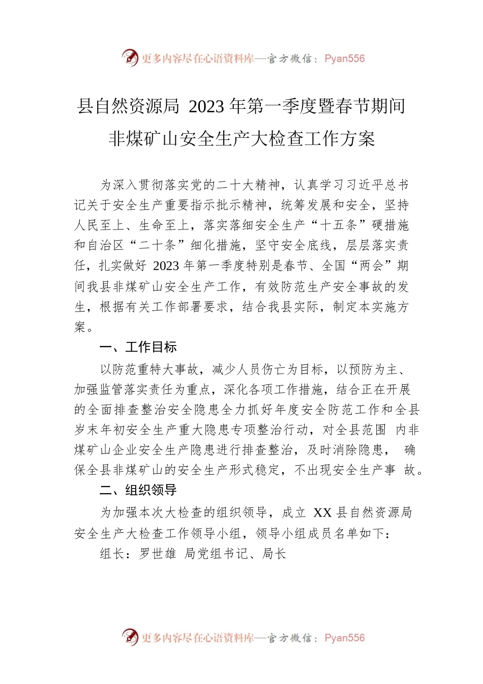 县自然资源局2023年第一季度暨春节期间非煤矿山安全生产大检查工作方案.docx_第1页