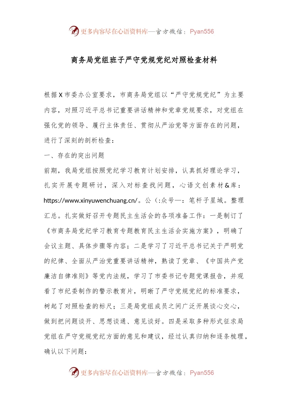商务局党组班子严守党规党纪对照检查材料.docx_第1页