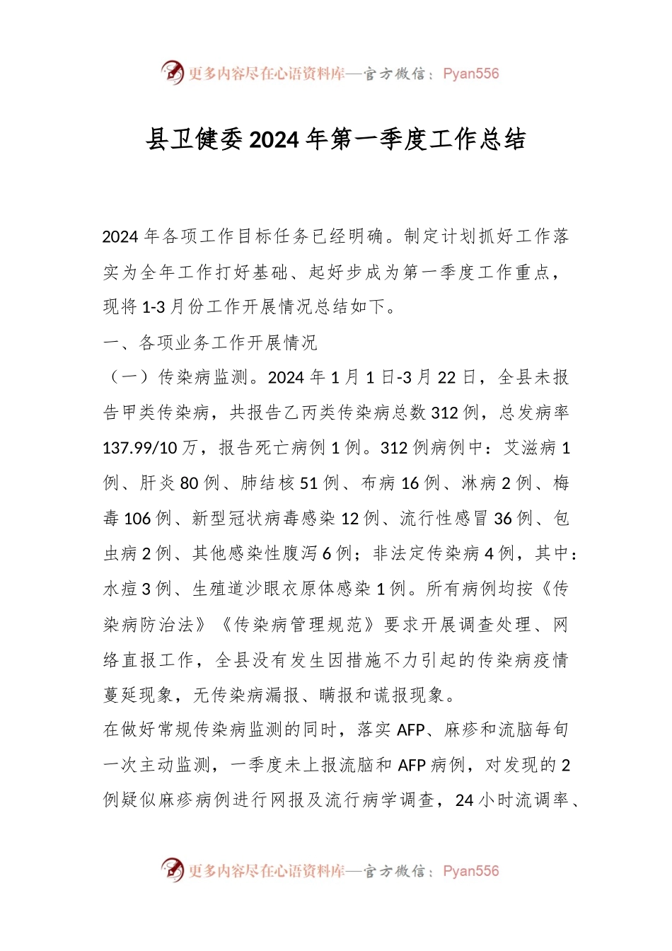 县卫健委2024年第一季度工作总结.docx_第1页