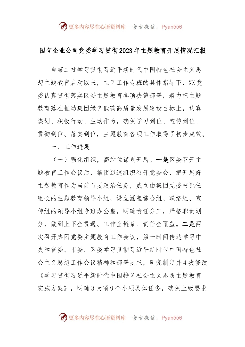 国有企业公司党委学习贯彻2023年主题教育开展情况汇报.docx_第1页