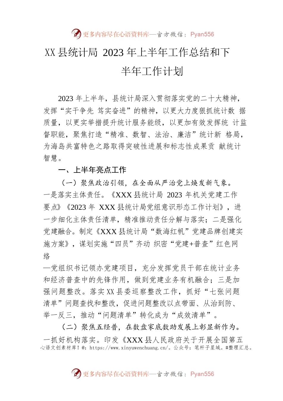 县统计局2023年上半年工作总结和下半年工作计划(20230615).docx_第1页