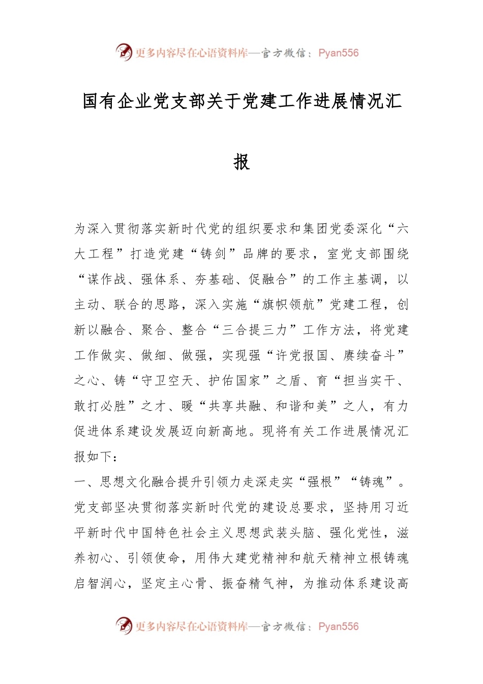 国有企业党支部关于党建工作进展情况汇报.docx_第1页