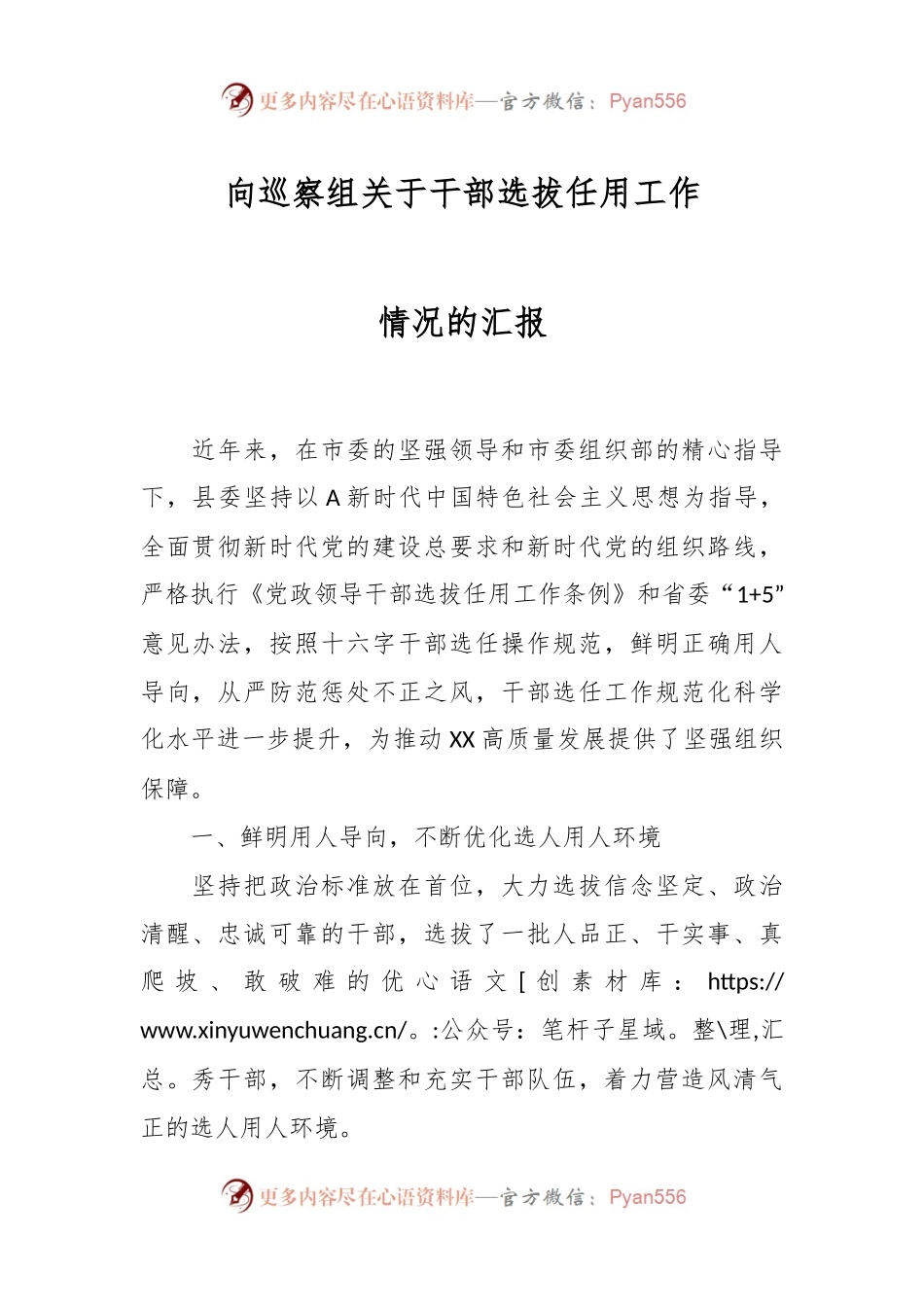 向巡察组关于干部选拔任用工作情况的汇报.docx_第1页