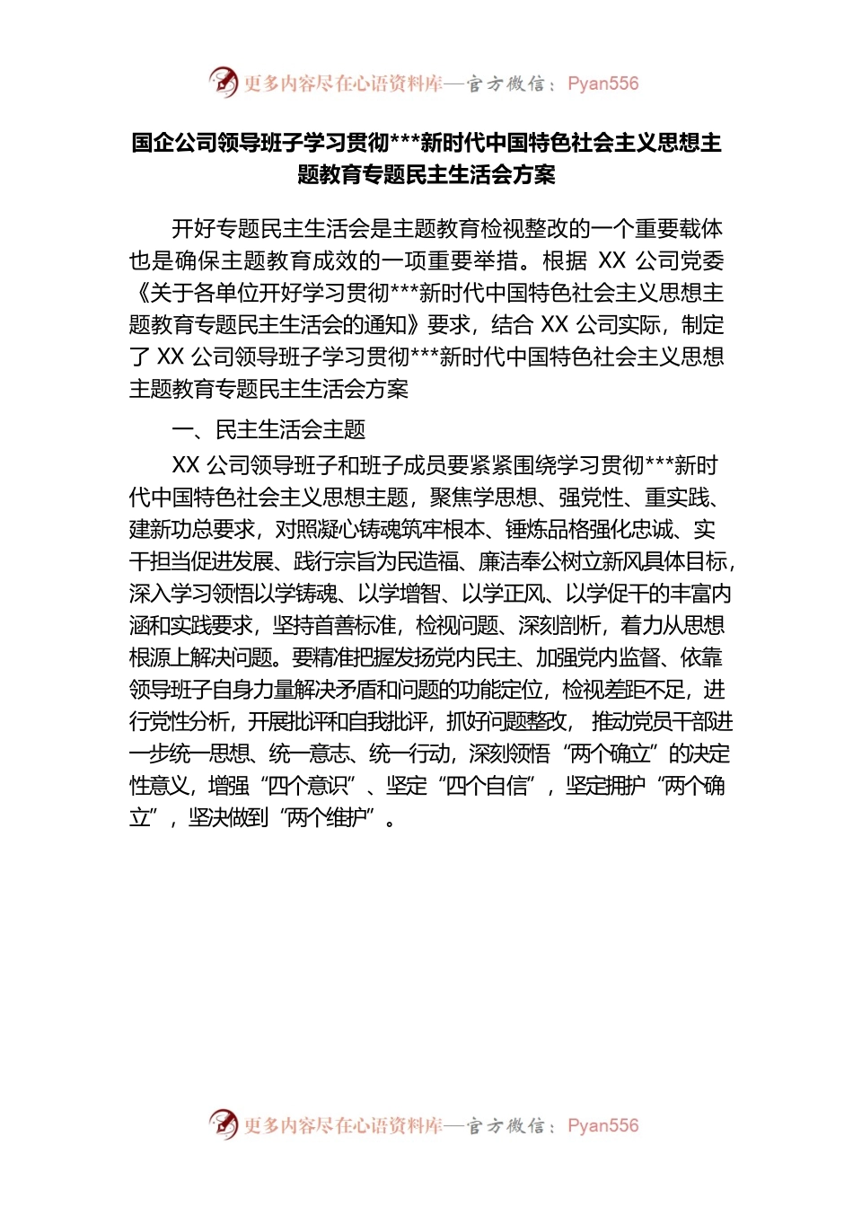 国企公司领导班子主题教育专题民主生活会方案.docx_第1页