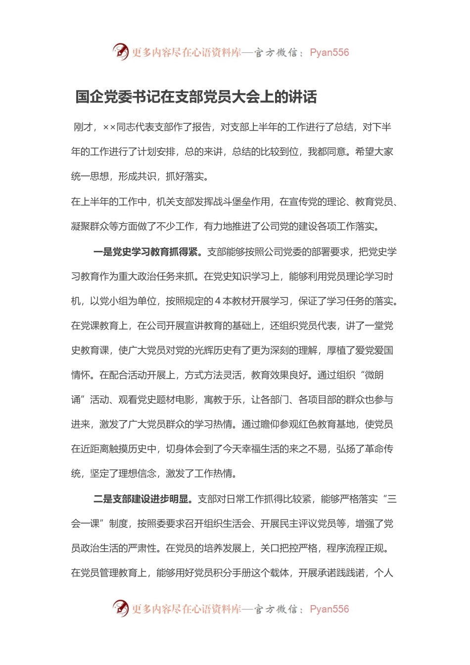 国企党委书记在支部党员大会上的讲话.docx_第1页