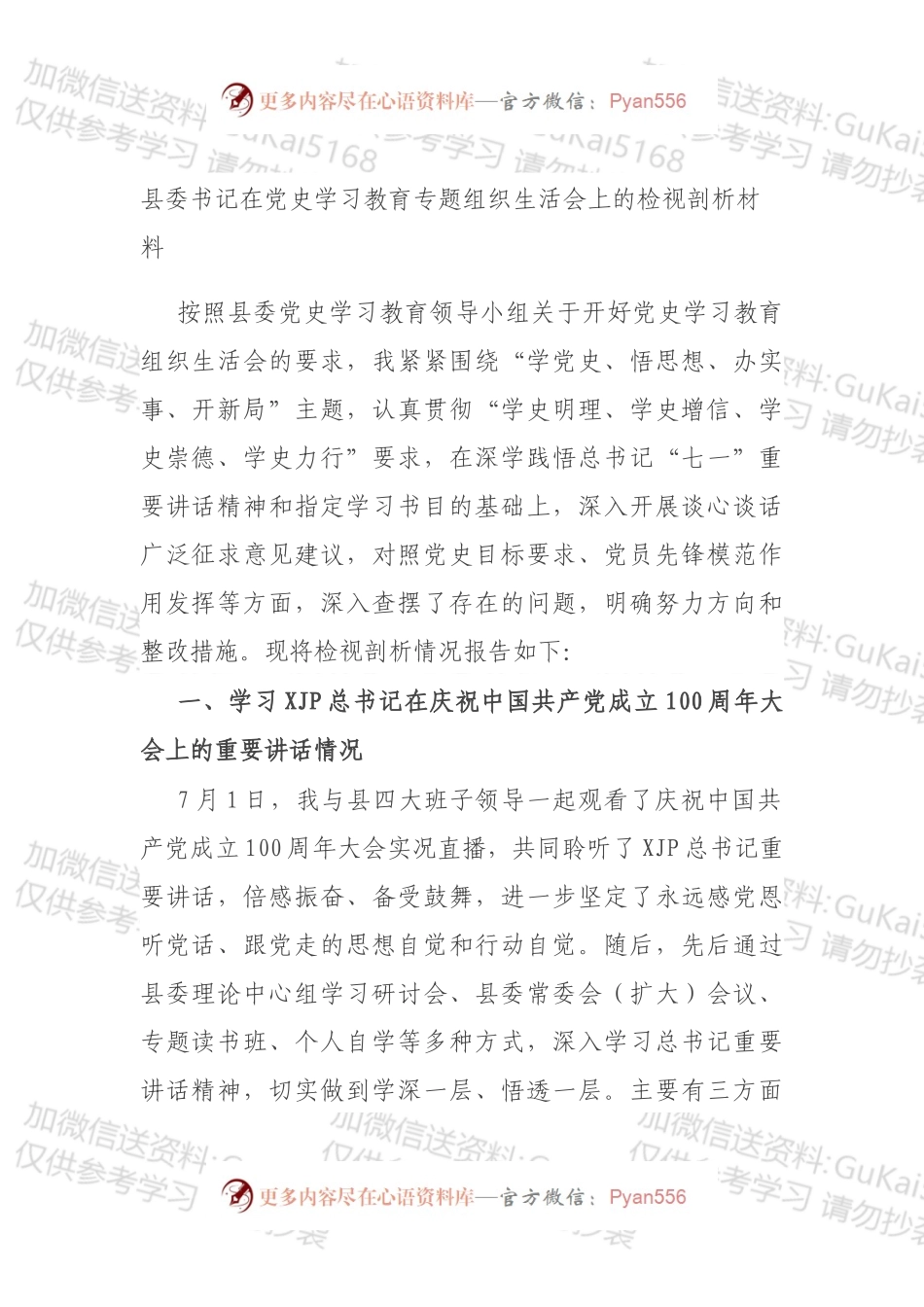 县委书记在党史学习教育专题组织生活会上的检视剖析材料.docx_第1页
