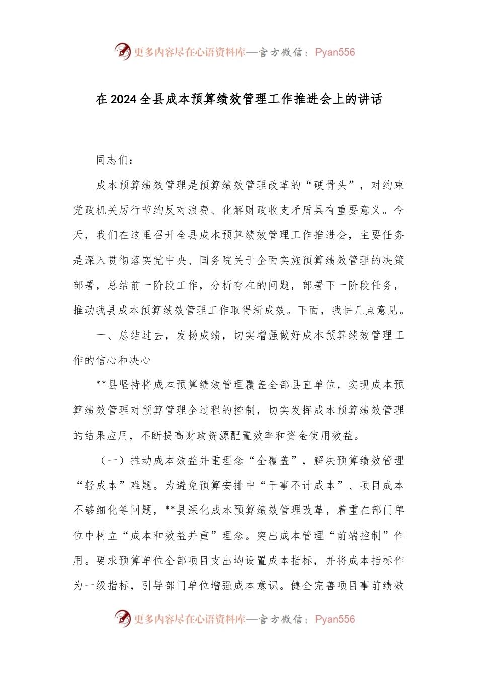 在2024全县成本预算绩效管理工作推进会上的讲话.docx_第1页