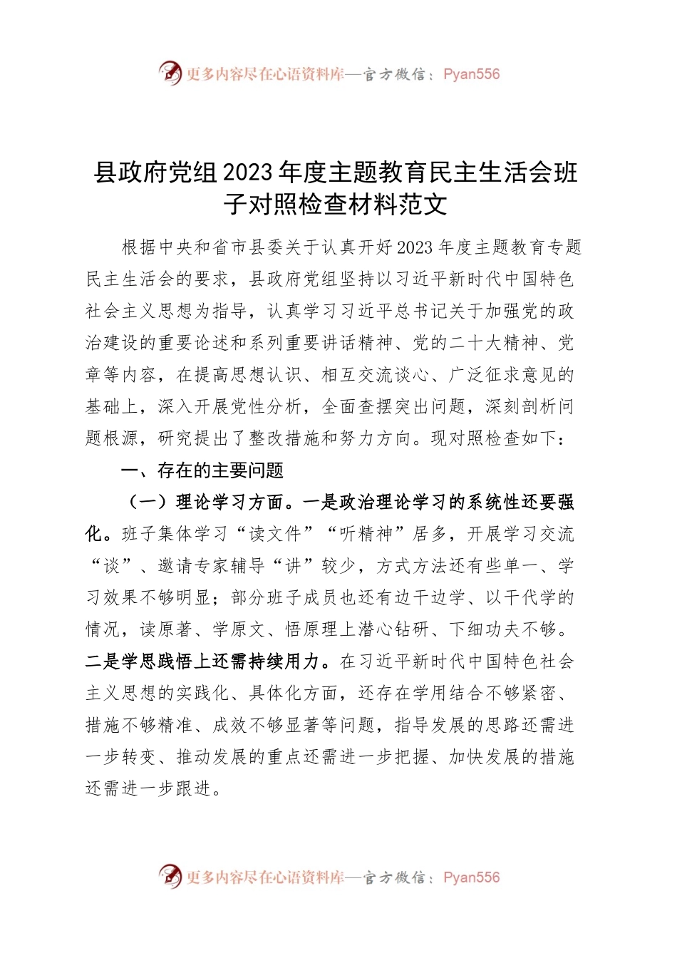 县政府党组2023年度主题教育民主生活会班子对照检查材料（学习、素质、能力、担当、作风、廉洁，检视剖析，发言提纲，第二批次六个方面20240102）.docx_第1页