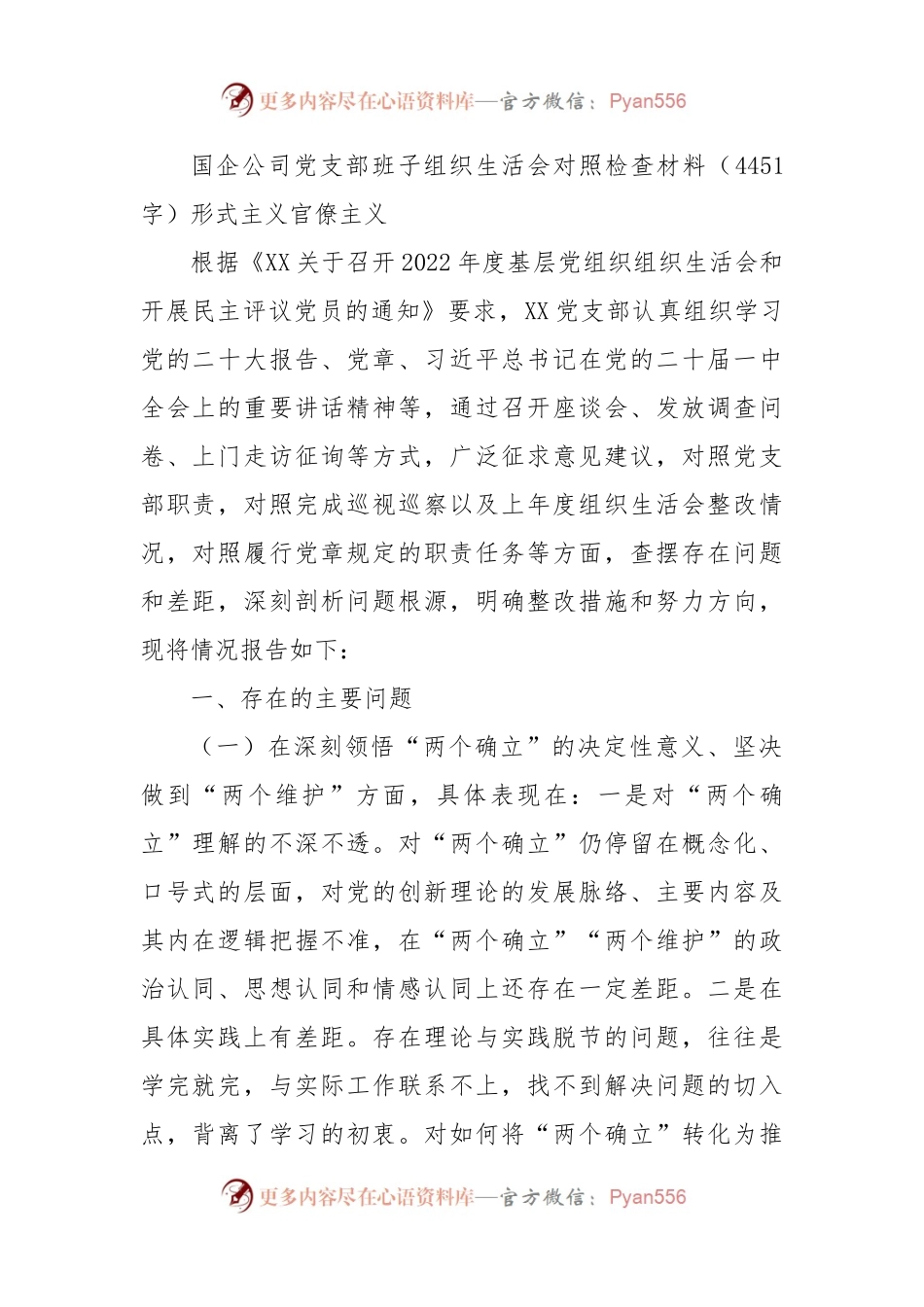 国企党支部班子组织生活会对照检查材料（深刻领悟等6方面）.docx_第1页