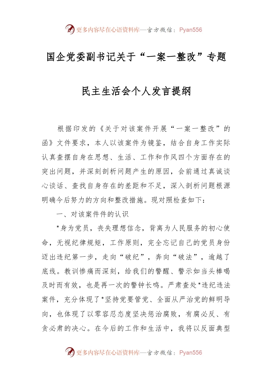 国企党委副书记关于“一案一整改”专题民主生活会个人发言提纲.docx_第1页
