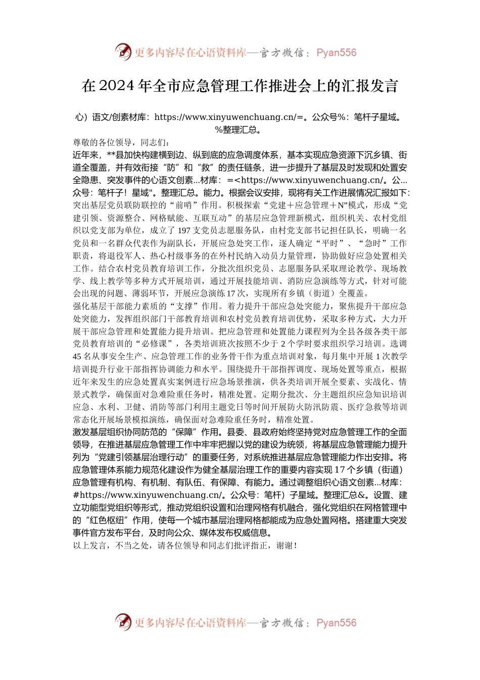 在2024年全市应急管理工作推进会上的汇报发言.docx_第1页