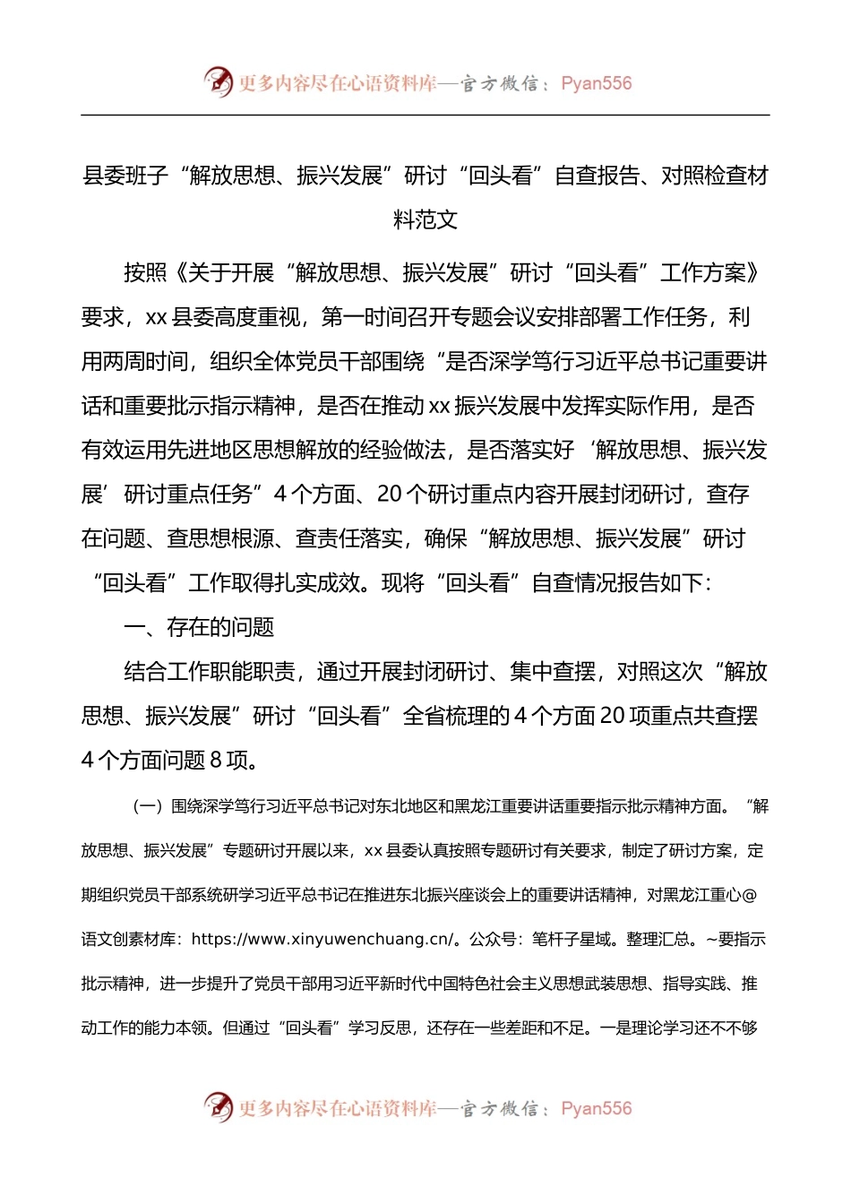 县委班子解放思想振兴发展研讨回头看自查报告对照检查材料.docx_第1页