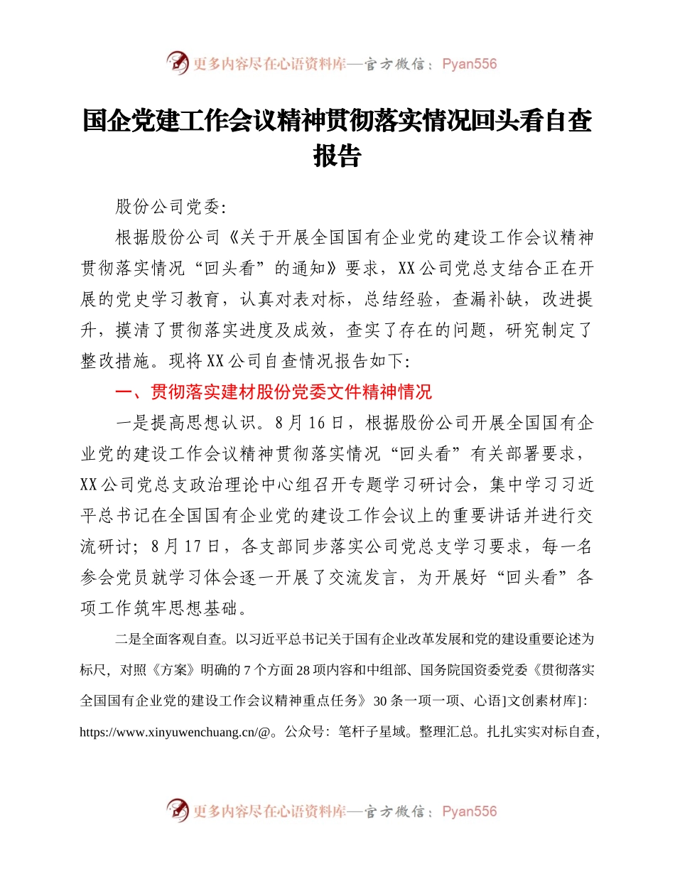 国企党建工作会议精神贯彻落实情况回头看自查报告.docx_第1页