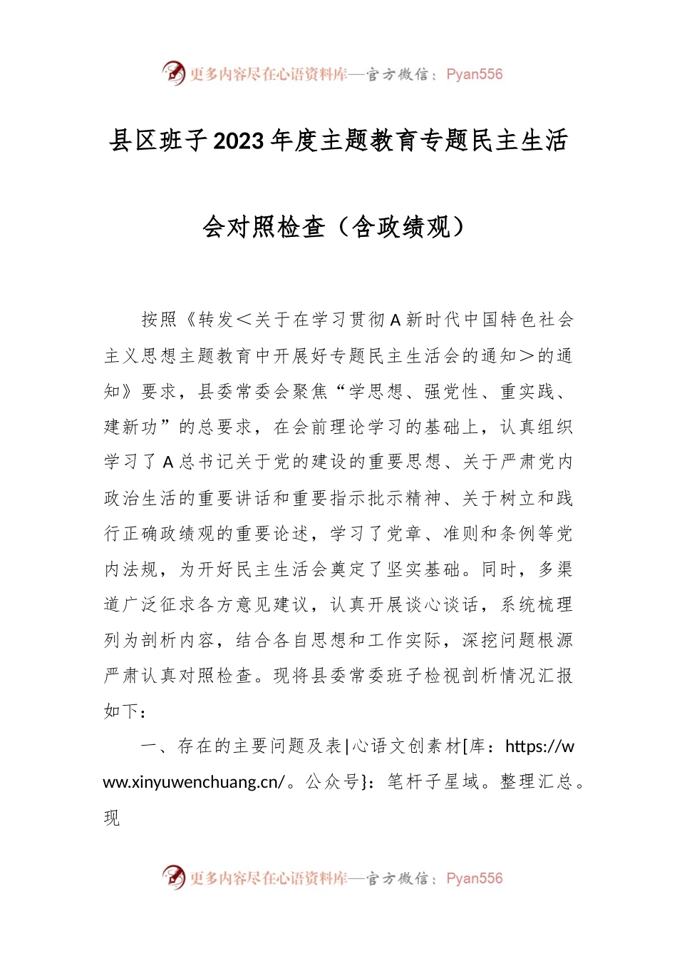 县区班子2023年度主题教育专题民主生活会对照检查（含政绩观）.docx_第1页