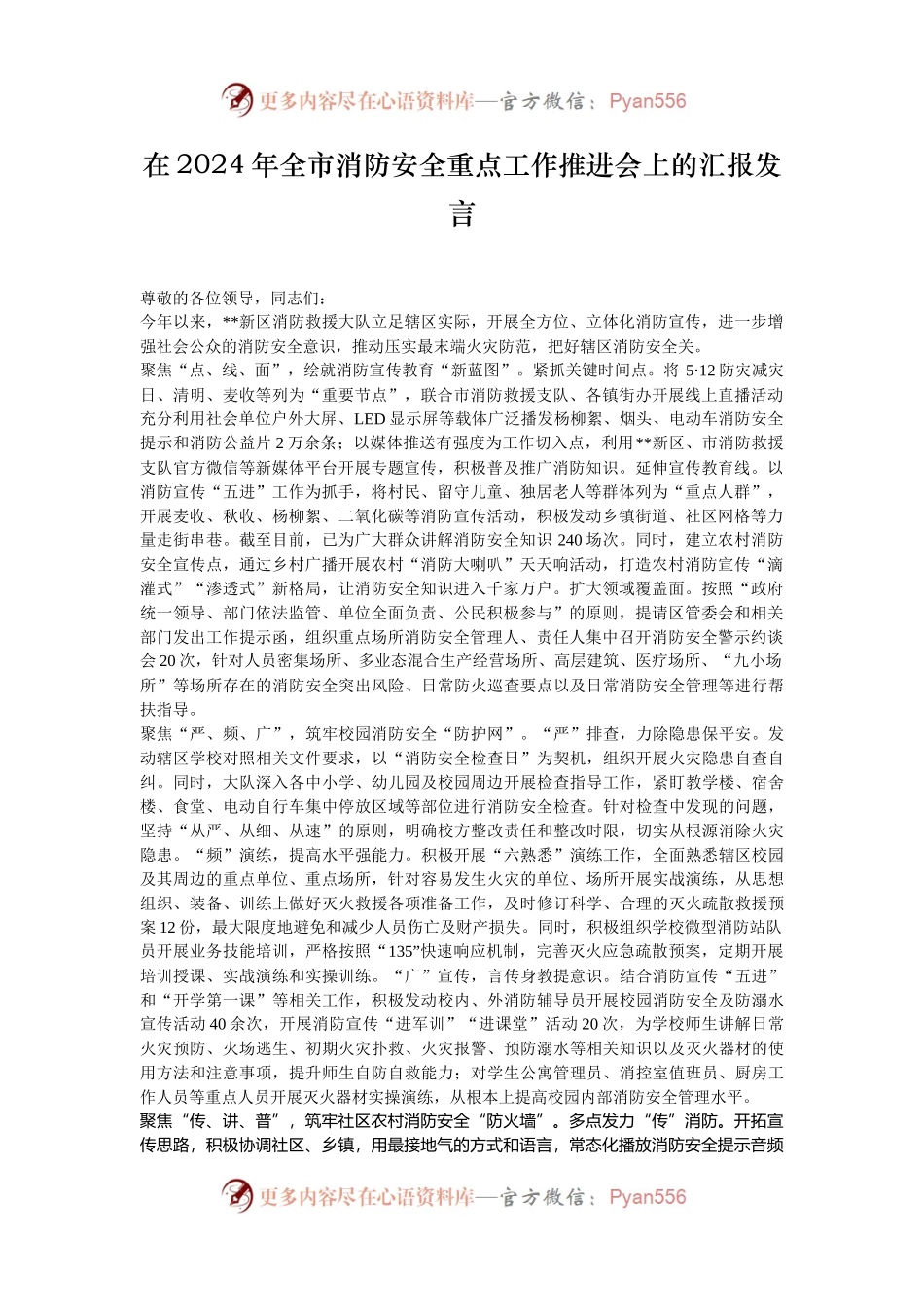 在2024年全市消防安全重点工作推进会上的汇报发言.docx_第1页