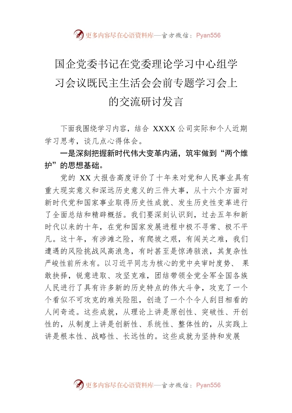 国企党委书记在党委理论学习中心组学习会议既民主生活会会前专题学习会上的交流研讨发言.docx_第1页