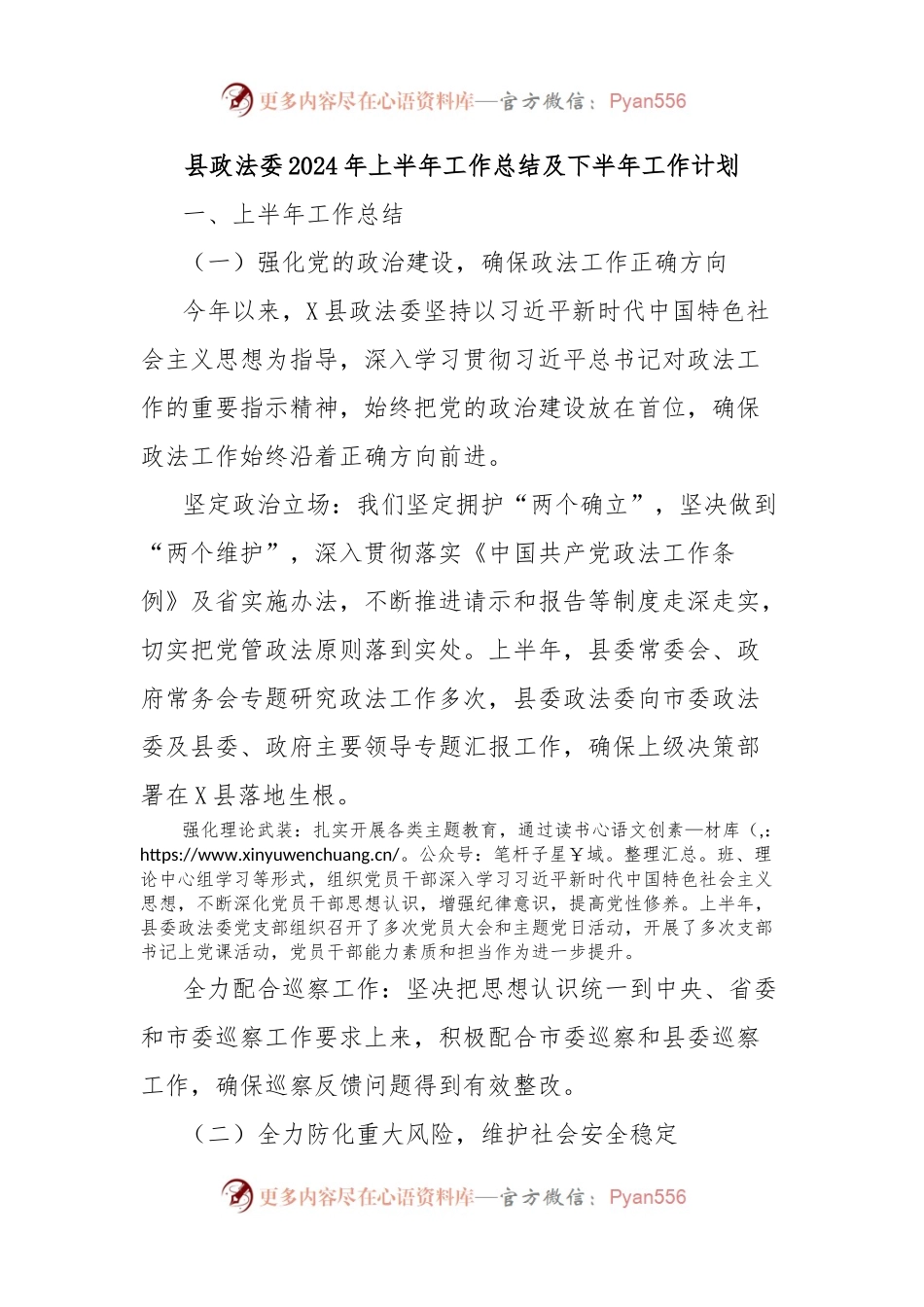 县政法委2024年上半年工作总结及下半年工作计划.docx_第1页