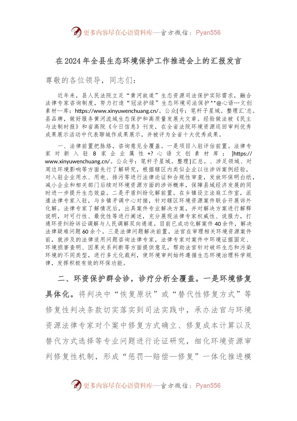 在2024年全县生态环境保护工作推进会上的汇报发言.docx_第1页