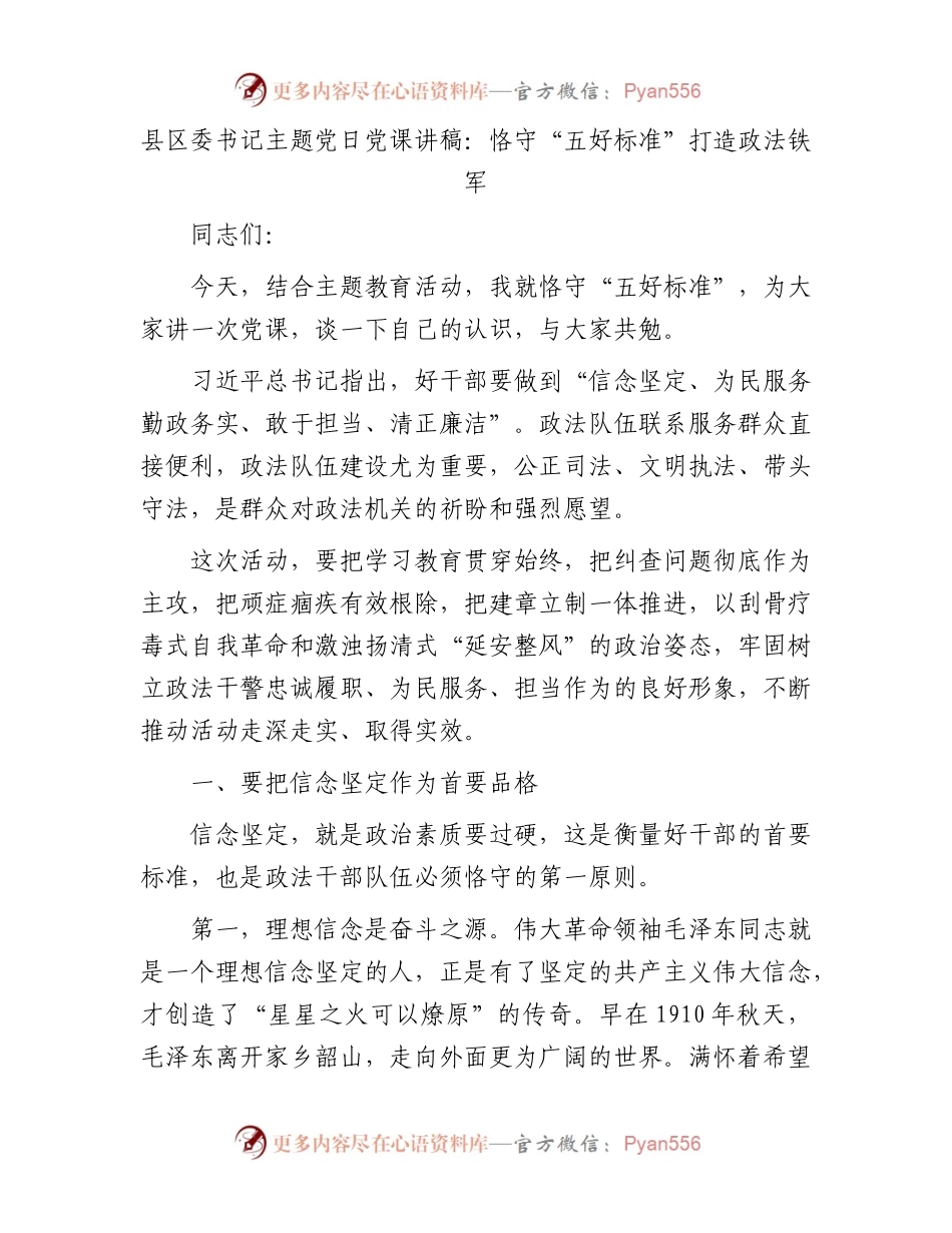 县区委书记主题党日党课讲稿：恪守“五好标准”打造政法铁军.docx_第1页