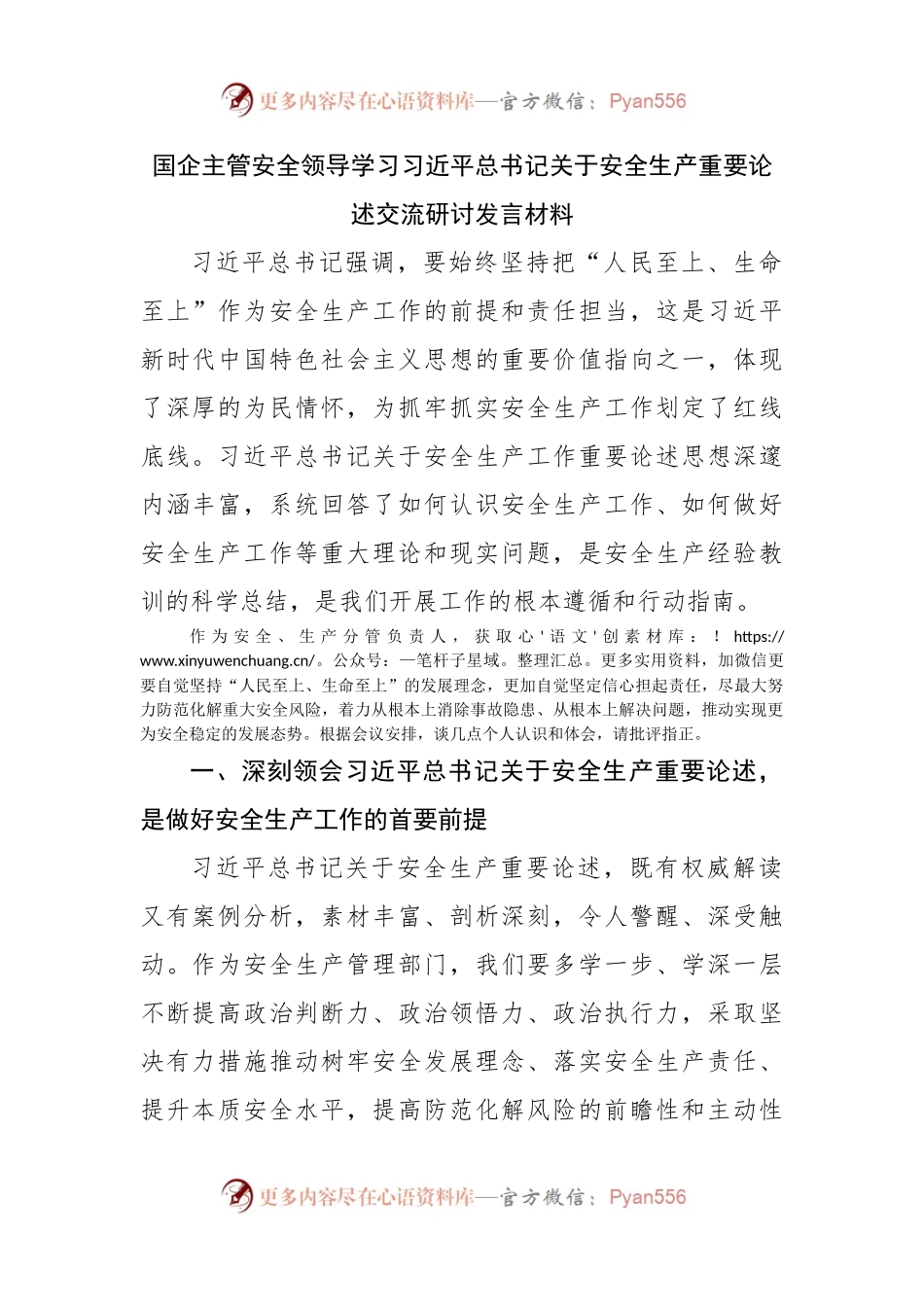 国企主管安全领导学习安全生产重要论述交流研讨发言材料.docx_第1页